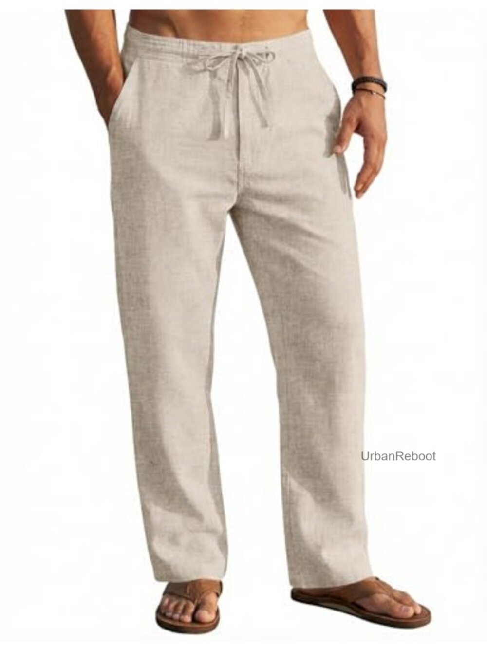 Men's Casual Linen Pants Elastic Waist Drawstring Yoga Beach Trousers with